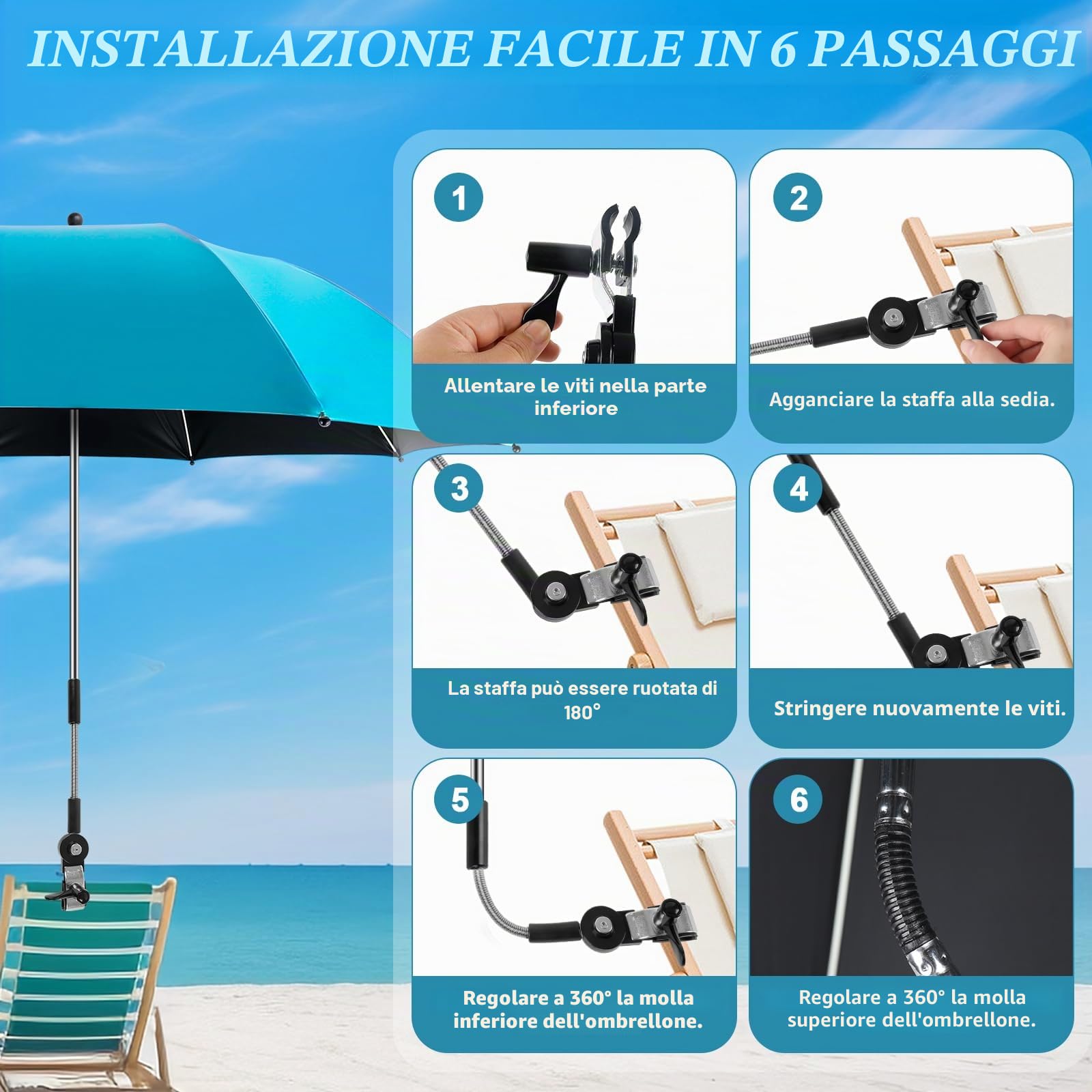 panthem Confezione da 2 ombrelloni da spiaggia con morsetto universale, UPF 50+ 360°, parasole portatile per sedia da campeggio, sedia a rotelle, sedie da patio, golf cart, balcone