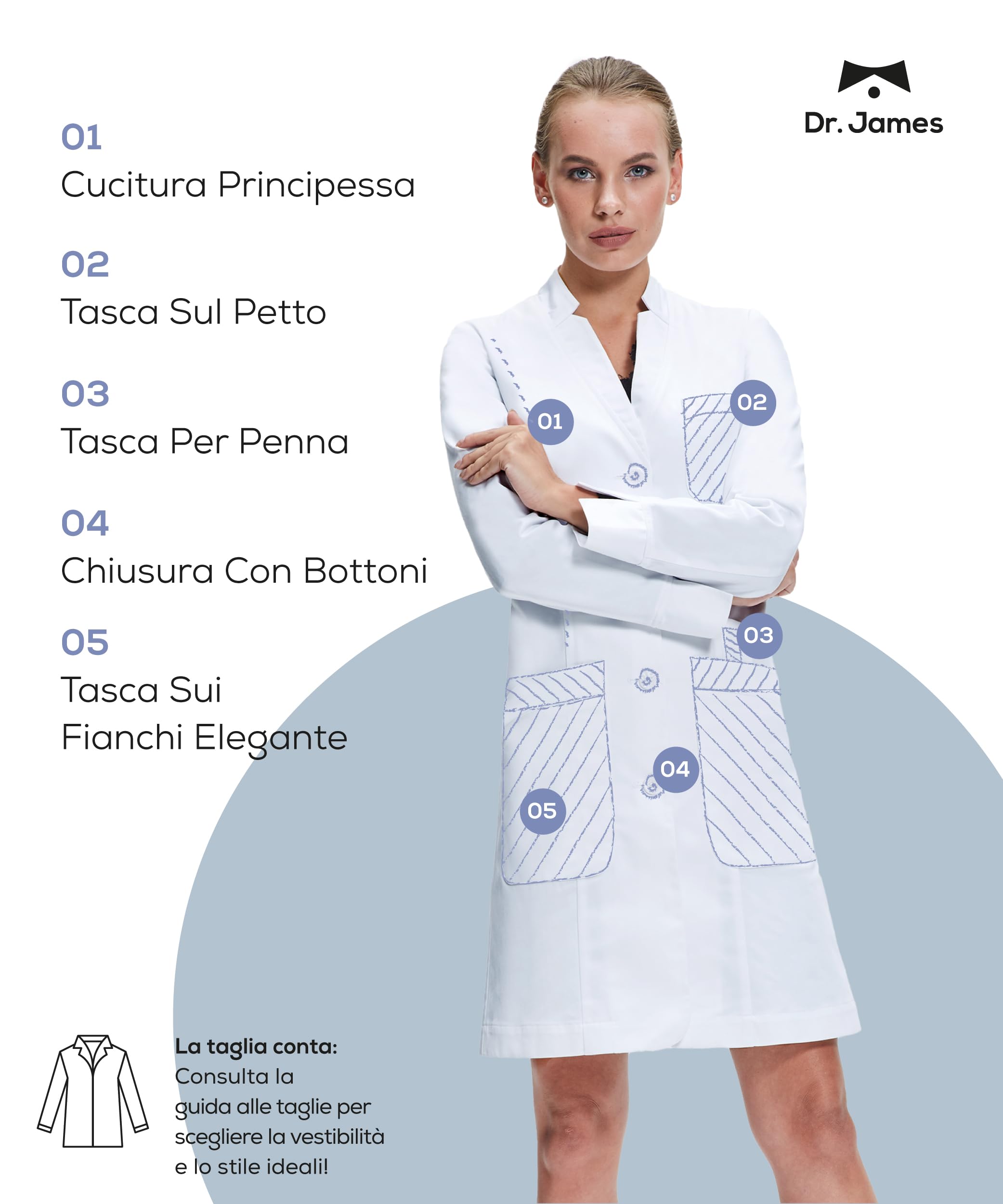 Dr. James Camice da Laboratorio Premium Sartoriale Donna, Vestibilità Slim Fit, Chiusura Classica a Bottoni, Polsini Risvoltabili, Lunghezza 89 cm, Tessuto Certificato OEKO-TEX