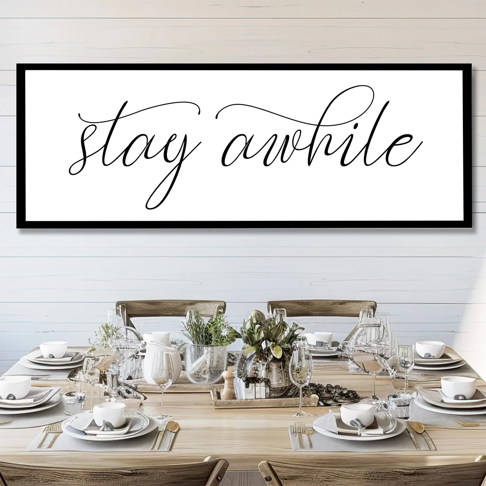 Rutiyoka Stay Awhile Sign Framed Farmhouse Dining Room Wall Decor Large 42"×15" Wood Kitchen Wall Art Black