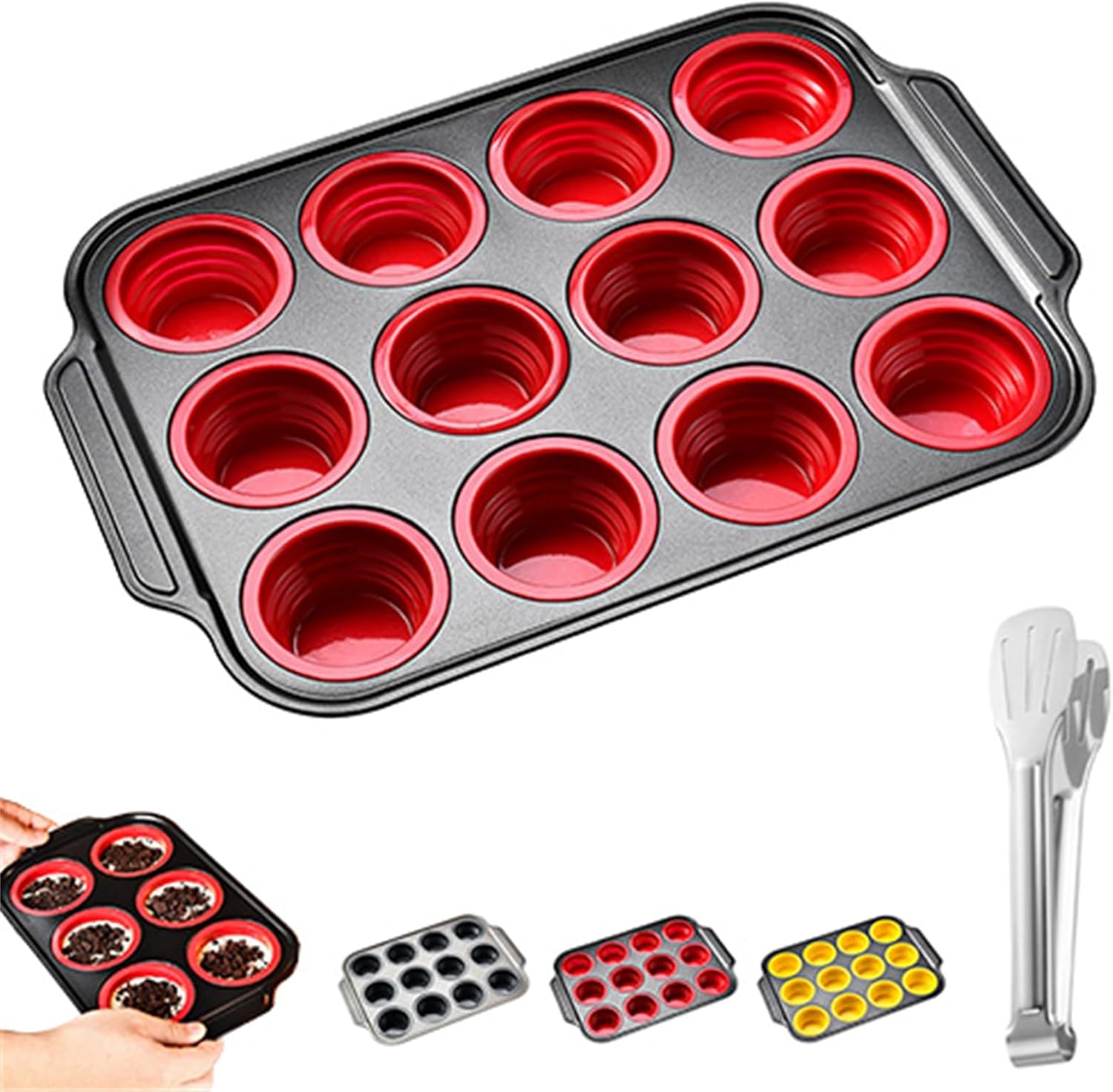 Squeeze Silicone Muffin Molds, Silicone Muffin Pan with a Push-to-Release Mechanism, 12 Cups Reusable Non Stick Squeeze Molds, For Home Kitchen and Parties (Gray+Red)