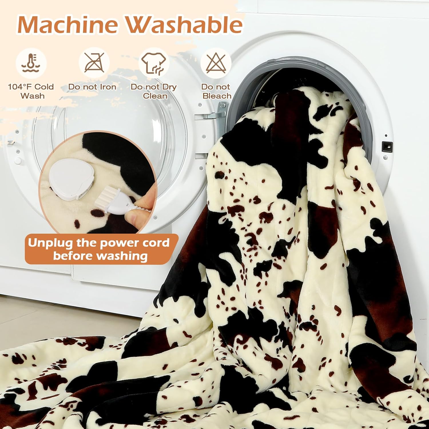 Heated Twin Blanket, 60"x80" Cow Print Electric Twin Heating Blanket, Cozy Soft Flannel Sherpa Heating Blankets with 9 Heat Levels & 2/4/8/12H Auto-Off - Image 5