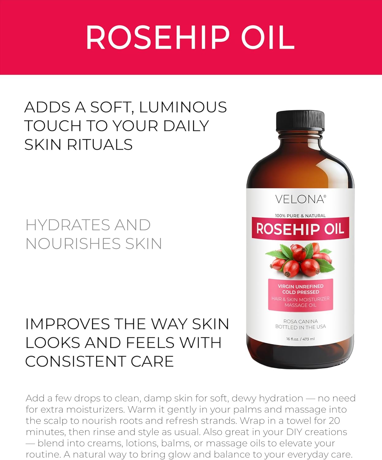 velona Rosehip Oil - 16 Fl Oz in Glass Bottle | 100% Pure and Natural Carrier Oil| Unrefined, Cold Pressed, Hexane Free | Moisturizing Face, Hair, Body, Skin Care, Stretch Marks, Scars… - Image 2