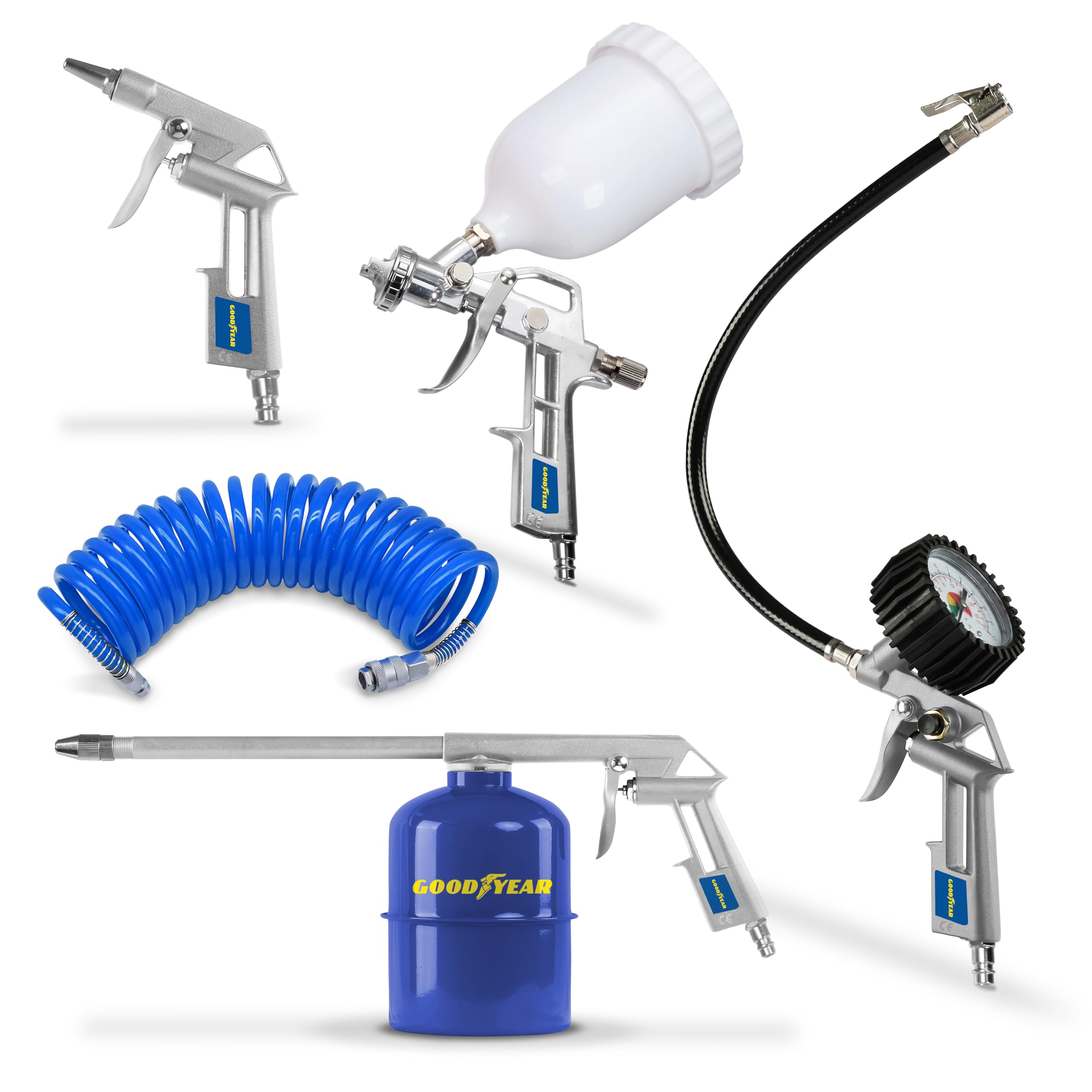 Goodyear - Kit de aire para Compresor Profesional 5 piezas (Pistola de Soplado, Pistola de Petroleado, Pistola de Pintura, Pistola de Inflado, Manguera Espiral)
