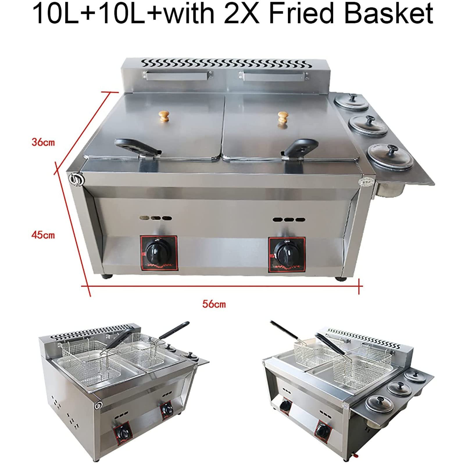 Friggitrice commerciale, friggitrice a gas di grande capacità da 20L/30L, friggitrice a gas in acciaio inox GPL per casa e commerciale, potenza di fuoco regolabile, facile da pulire (10l+10l+