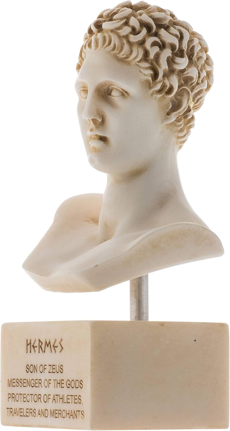 Hermes Bust Alabaster Sculpture Ancient Greek God Conductor of Souls into The Afterlife Marble Base