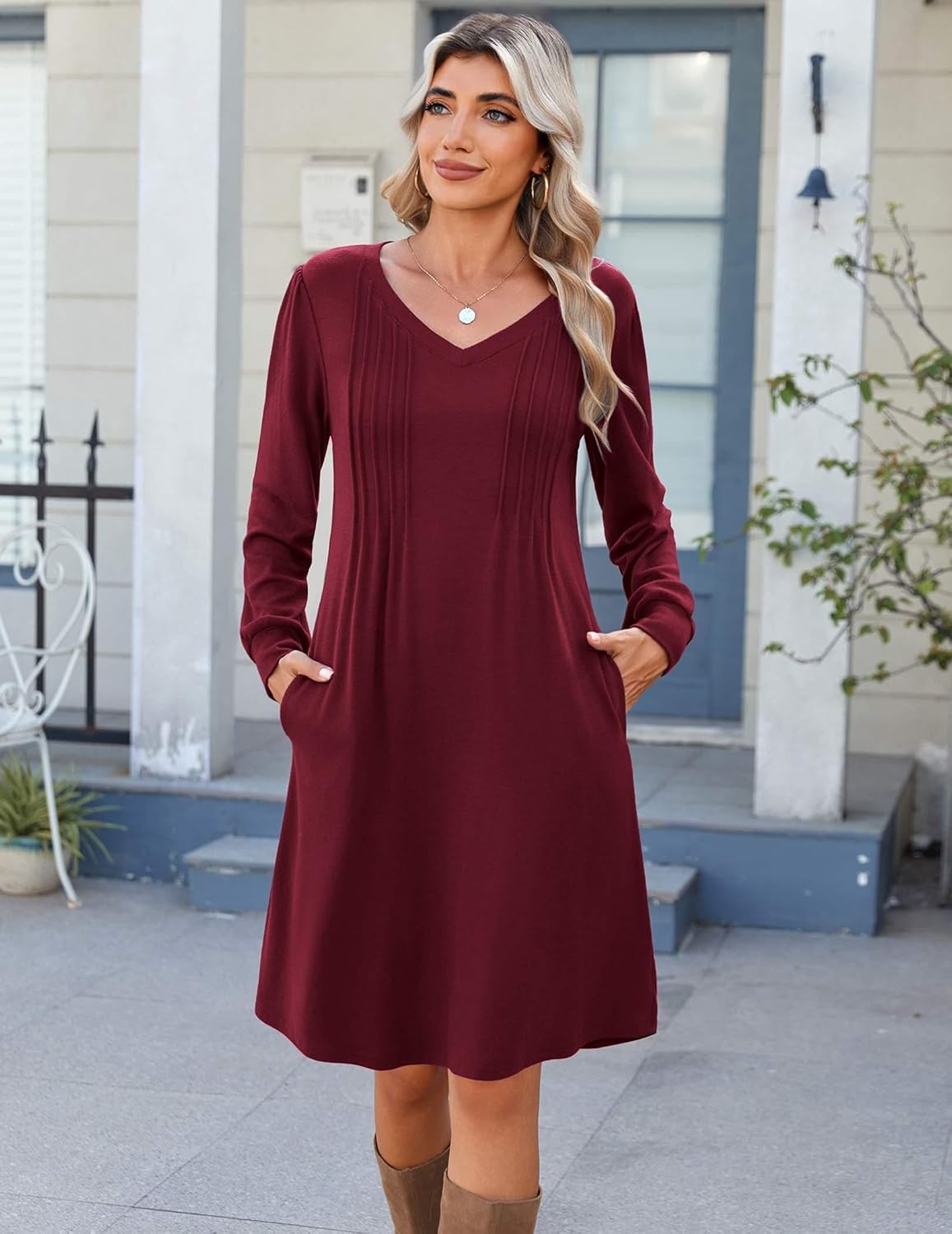 Zeagoo Fall Dresses for Women Long Sleeve Casual Pleated V Neck Dress 2025 A Line Tunic Dress - Image 2