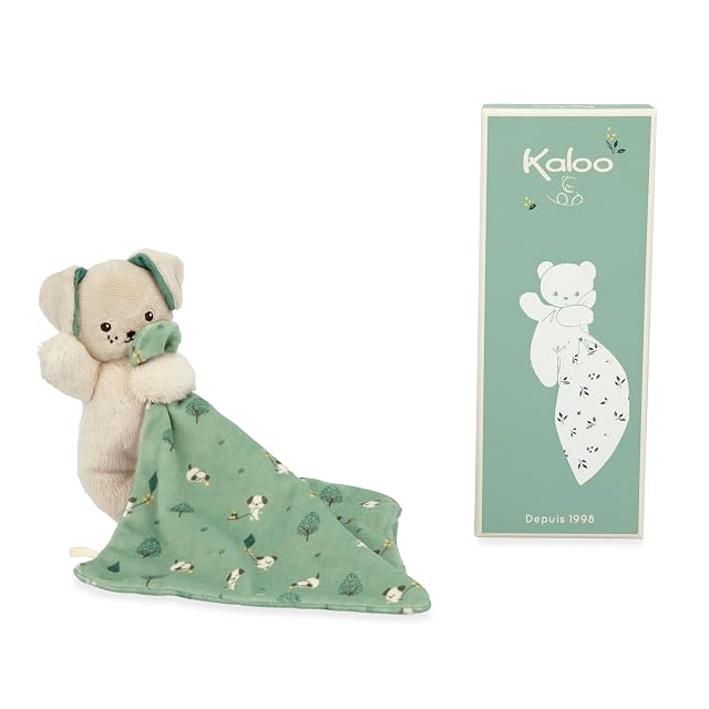 KALOO - Carré Douceur - Doudou Perro Verde - Peluche Bebé - Cuadrado 18 x 18 cm Verde - Materiales Ecorresponsables - Caja Regalo FSC - Desde el Nacimiento, K226001