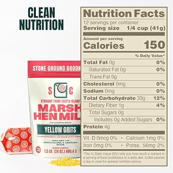 Marsh Hen Mill Sea Island Yellow Grits | Stone Ground Grits | Gluten Free Old Fashioned Grits | Southern Heirloom Corn Grits with a Hearty, Fruity, Nutty Flavor | 100% Natural | 24 Oz (Pack of 1)
