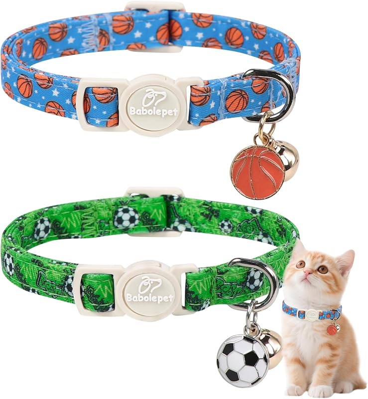 Coleira ajustável para gatos e cães pequenos com sino e fecho de liberação rápida Babole Pet, verde e azul, pacote com 2
