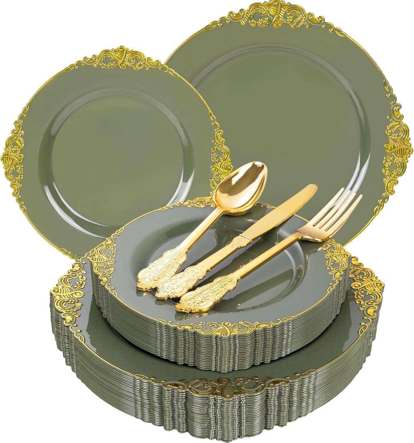 Wedding Plates & Silverware Set - 125PCS Gold & White -16