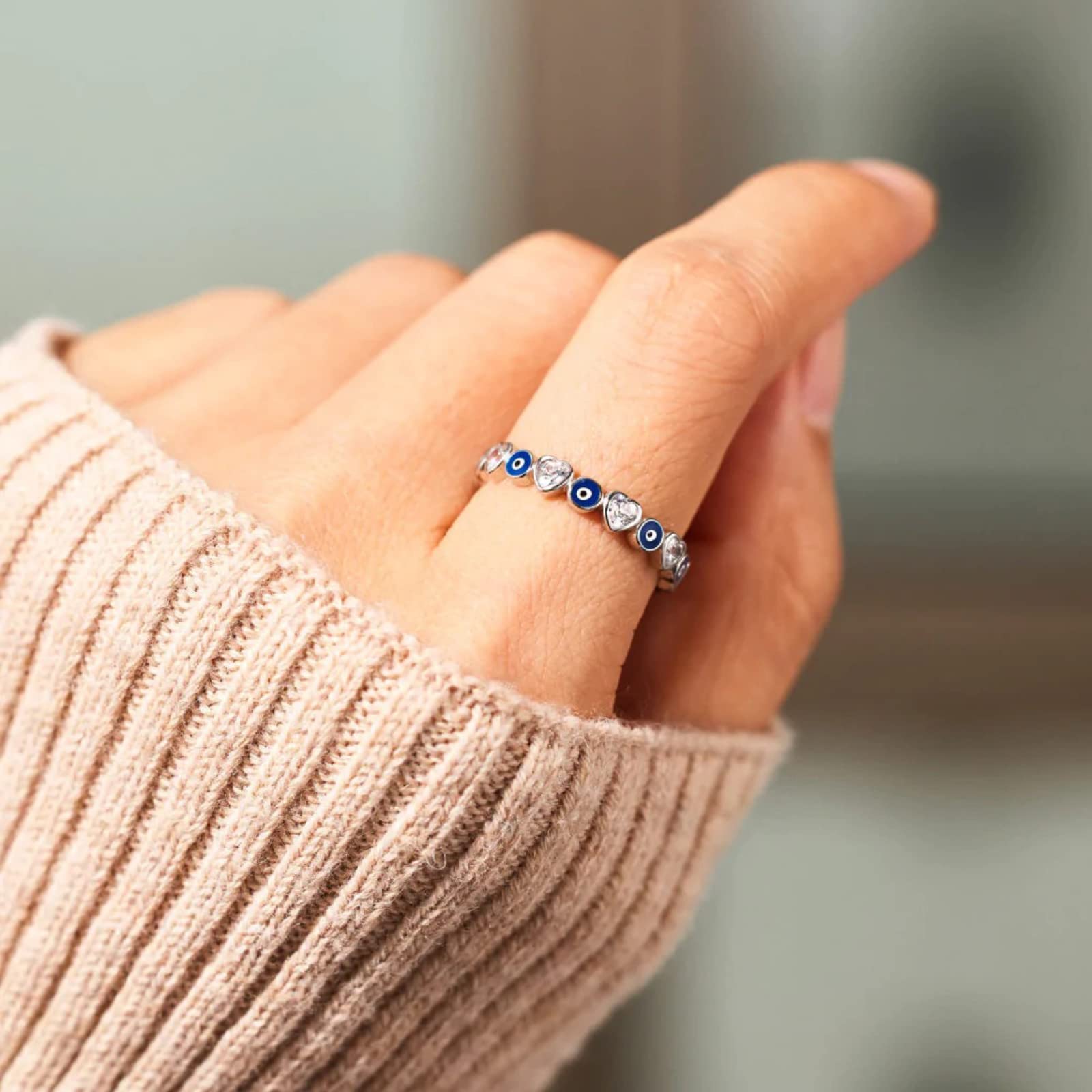 Anello da donna in argento Sterling 925 con occhio di malocchio turco delicato anello contro il malocchio blu anelli di promessa gioielli fortunati anello cuore CZ anello dichiarazione anello