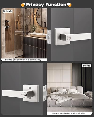 Miniatura 5 de Gobrico Paquete de 6 manijas cuadradas de puerta, cerraduras de privacidad para dormitorio y baño, acabado de níquel satinado, cerraduras de puerta