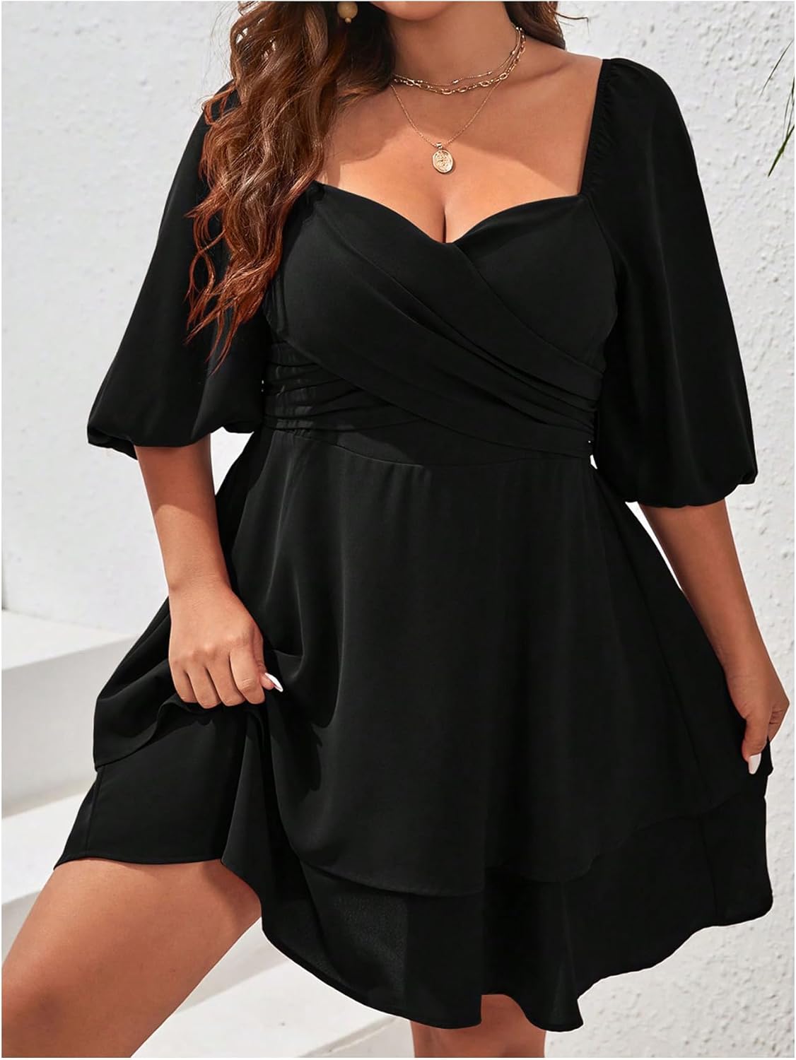 Women's Plus Size Wrap Mini Dress Ruffle Tiered Layer A Line Cocktail Flowy Dress - Image 5