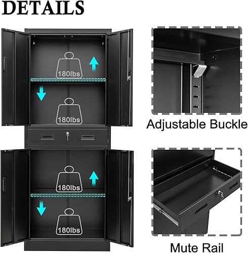 Miniatura 4 de BESFUR Gabinete de metal, armario de almacenamiento de garaje con cajón y estantes ajustables para garaje, oficina, escuela, color negro