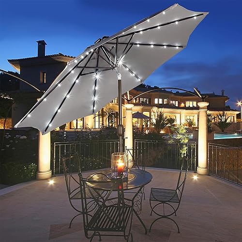 Miniatura 6 de Sombrilla solar Blissun de 9 pies para exteriores, 32 luces LED, con inclinación y manivela. Parasol ideal para patio, jardín, cubierta, piscina y