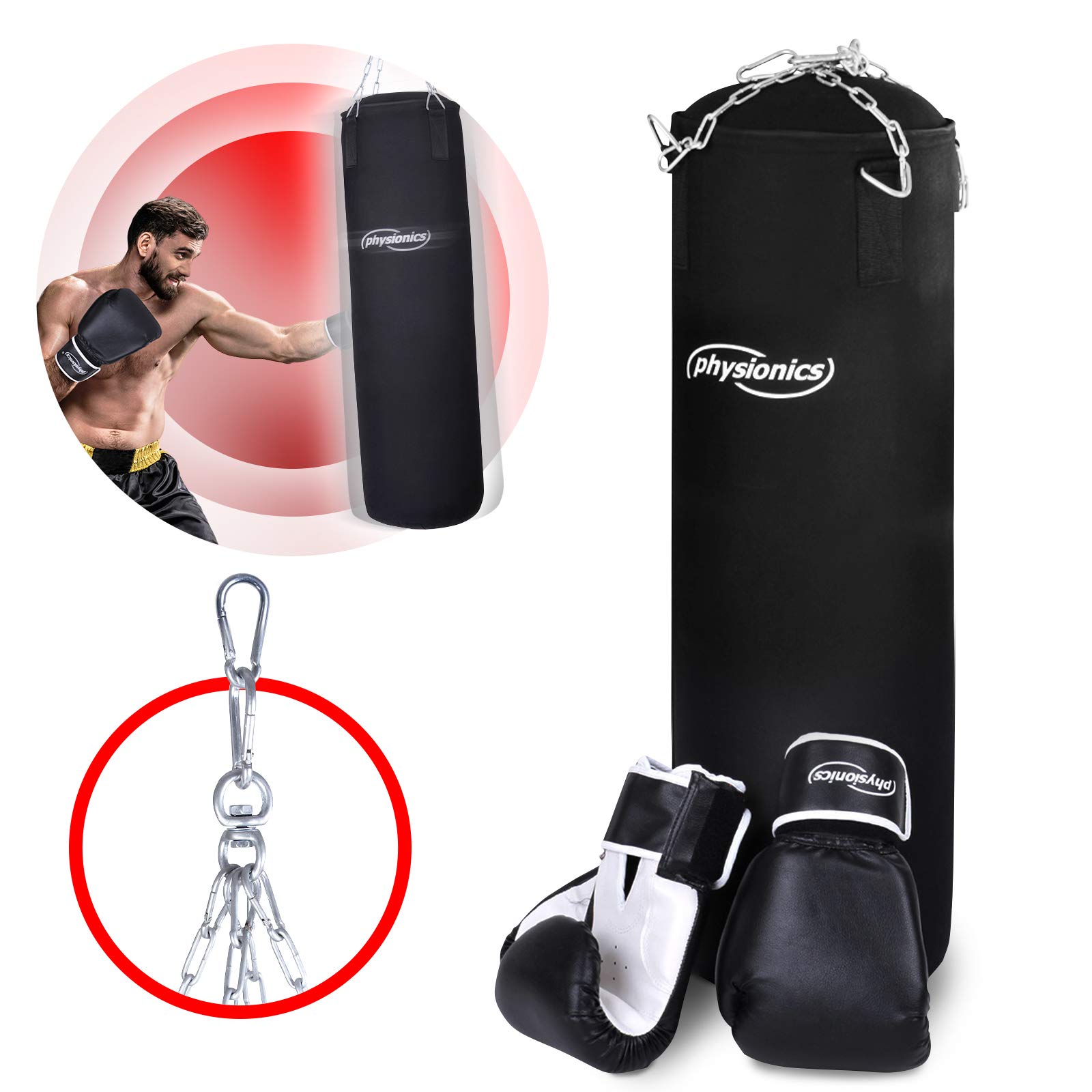 Physionics - Set de boxe - 1 x paire de gants de boxe 10 oz en simili cuir - Sac de frappe 100 x 30 cm (115 cm avec la chaîne) en toile canvas – chaîne 4 points en acier et mousqueton – DIVERSES TAILLES DE GANTS AU CHOIX