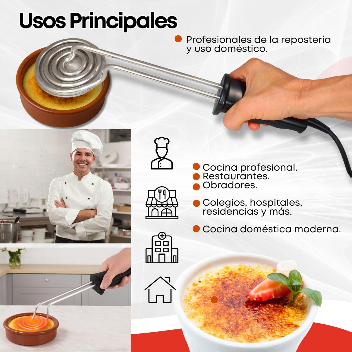 GOLDMAN SERVICE | Quemador de Azúcar Eléctrico Redondo | 900W Acero Inoxidable | Pala para Crema Catalana y Postres | Repostería Profesional sin Llama