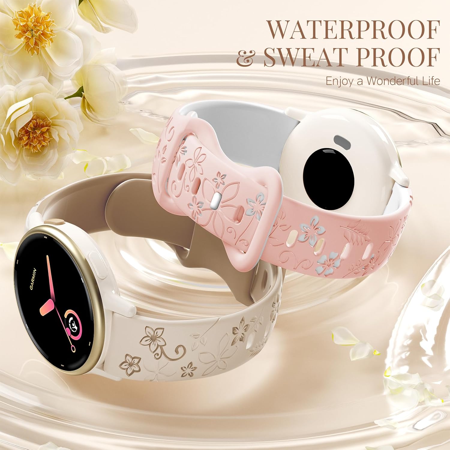Floral Band Compatible with Garmin Vivoactive 6/Vivoactive 5/3/3 Music, 20mm Soft Silicone Cute Women Two-Tone Flower Sport Strap for Venu/Venu Sq/Sq2/Forerunner 165/55/245 Replacement Accessory image 5