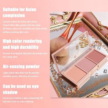 Blushers for Cheeks Make Up, 3-in-1 Powder Blush - Matte Face Blush for Long-Lasting, Sweat-Resistant, Non-Greasy Glow, Natural Look & Brighten Skin