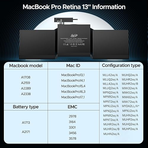 Miniatura 2 de Batería A1708, repuesto de batería Macbook Pro de 13 pulgadas, batería de repuesto para Macbook Pro A1708, A2159, A2289, A2338 (finales de 2016,