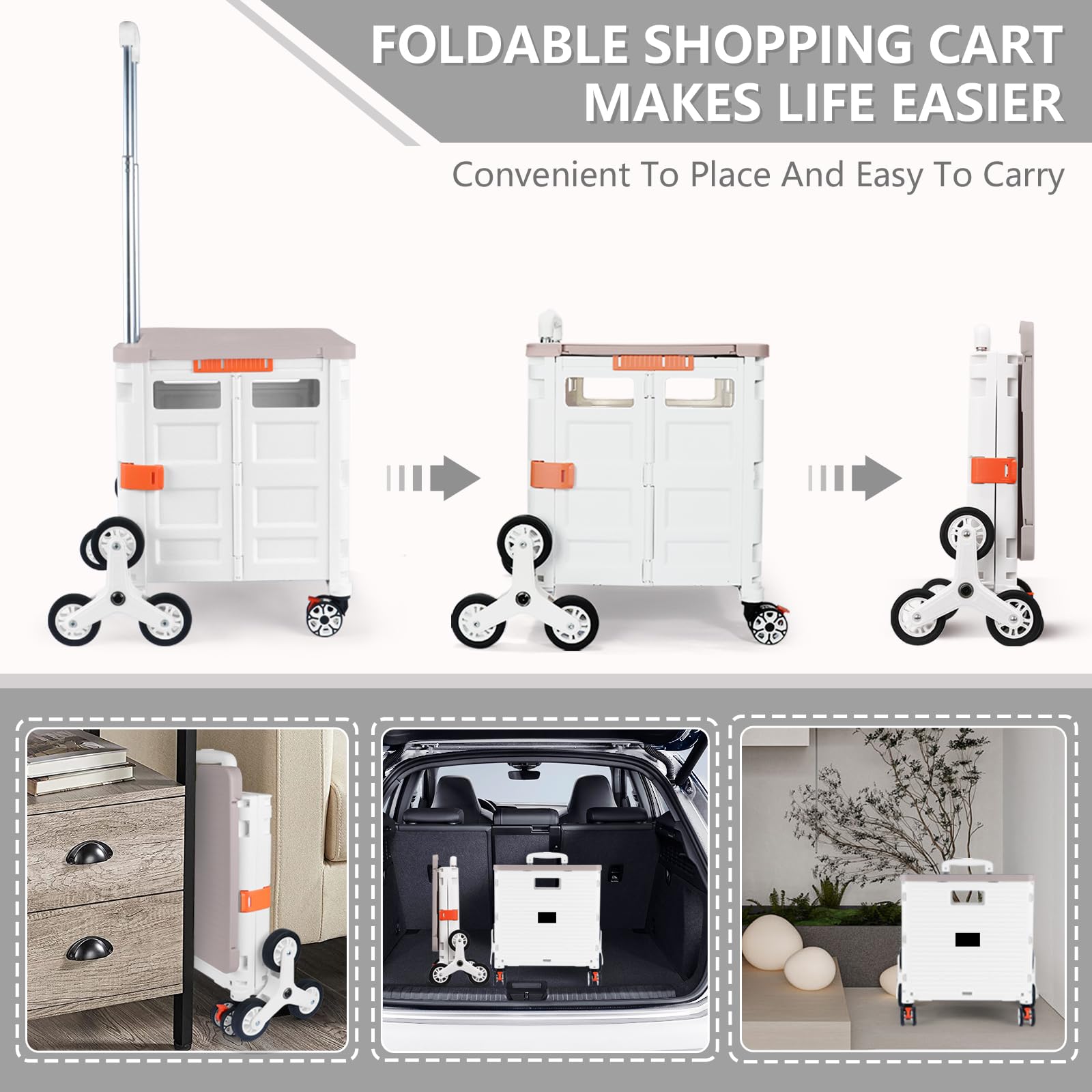 Foldable Utility Cart with Stair Climbing Wheels,Collapsible Rolling Crate with Magnetic Lid Telescopic Cover,Telescoping Handle,360Â° Rotate Wheel Hand Cart for Teacher Shopping Moving(Milky White)