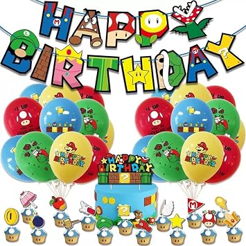 FOR Mario Birthday Party Supplies, Party Decorations Set Include Banner, Balloons, Hanging Swirls, Cake Cupcake Toppers, Tablecloth for Boys Girls Mario Theme Party