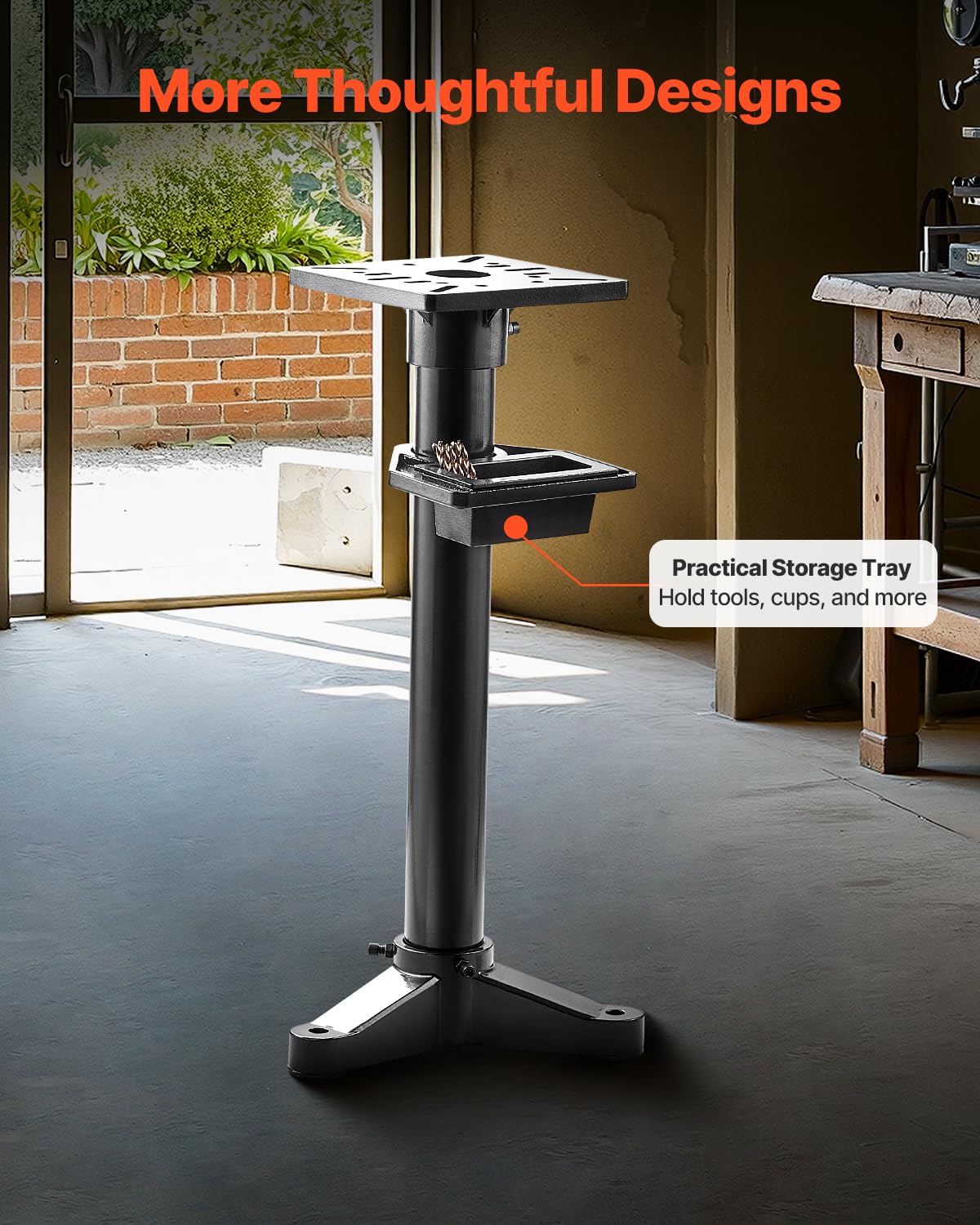 VEVOR Soporte para Amoladora de Banco, Pedestal de Suelo Resistente con Tornillo de Banco y Placa de Montaje 27 x 27 cm, Ranuras de Montaje Precortadas y Depósito de Agua, 370 x 370 x 840 mm