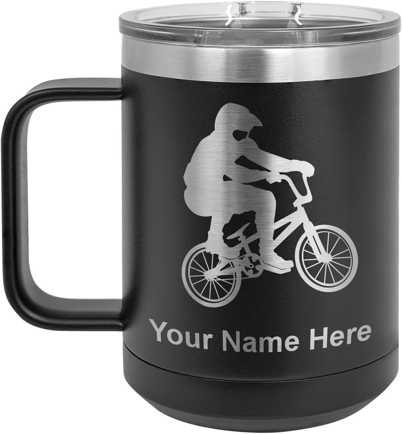 LaserGram 15oz Vacuum Insulated Coffee Mug, BMX Rider, Personalized Engraving Included (Black)