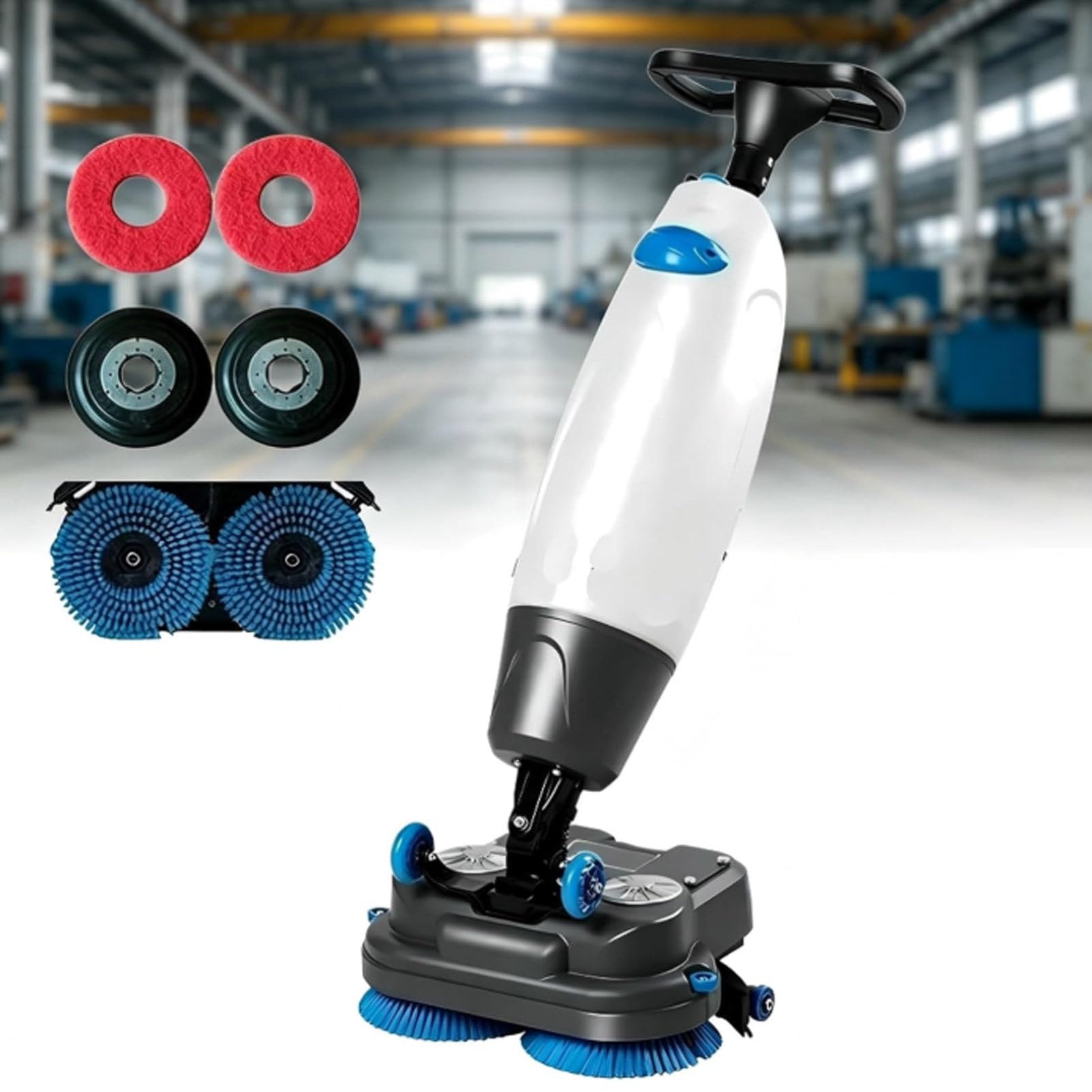 Cashwise White Walk Behind Floor Scrubber, Commercial Floor Buffer Machine, 17” Path, Cordless Operations, Double Brushes And 360° Swivel Head 4.5L + 7.5L Dual Tanks For Large Area Cleaning