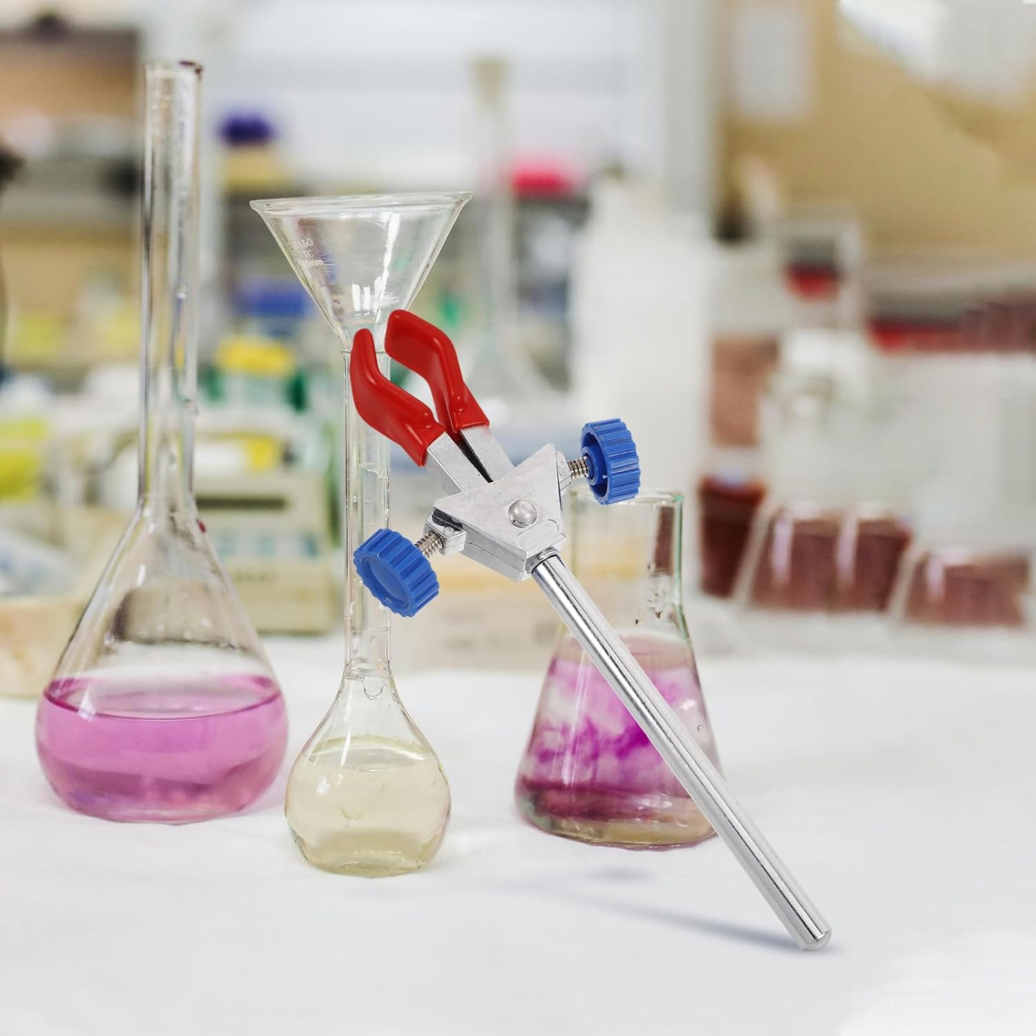 Generic Double Prong Adjustable Lab Clamp with Red Tips, Stainless Steel and Plastic 2-prong Test Tube and Beaker Holder for Chemistry Laboratory Equipment and Glassware Support