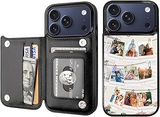 Personalized Case for iPhone 17 Pro 6.3" with Card Holder Custom Photo Multi-Pictures Collage Leather Wallet Flip Cover Double Magnetic Clasp Kickstand Card Slots Protective Shockproof Case Black
