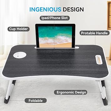 Folding Lap Desk, 23 Inch Portable Wood Deep Black Laptop Bed Desk Lap Desk with Cup Holder, for Working Reading Writing, Eating, Watching Movies for Bed Sofa Couch Floor DVA1
