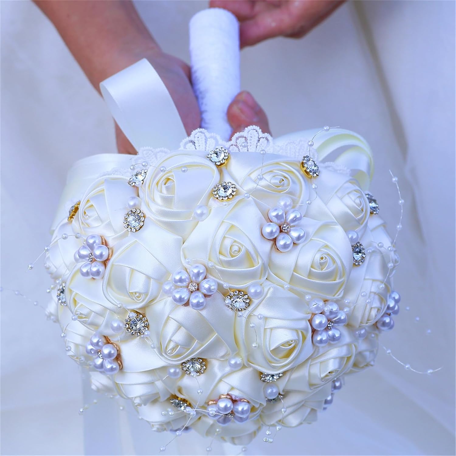 Handmade Rhinestone Bridal Bouquet Crystal Wedding Round Tossing Bouquet Artificial Flower Bunch for Bride Bridesmaid