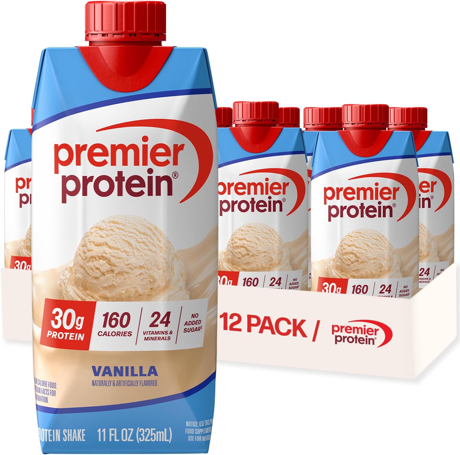 Premier Protein Shake, Vanilla, 30g Protein, No Added Sugar, 24 Vitamins & Minerals to Support Immune Health, 11 fl oz, 12 Pack