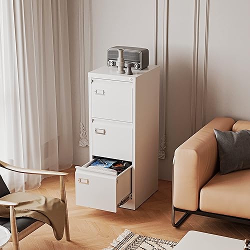 Miniatura 4 de Archivadores verticales de 3 cajones  Archivador de 17.8 pulgadas de profundidad con cerradura  Armarios de almacenamiento de metal blanco para