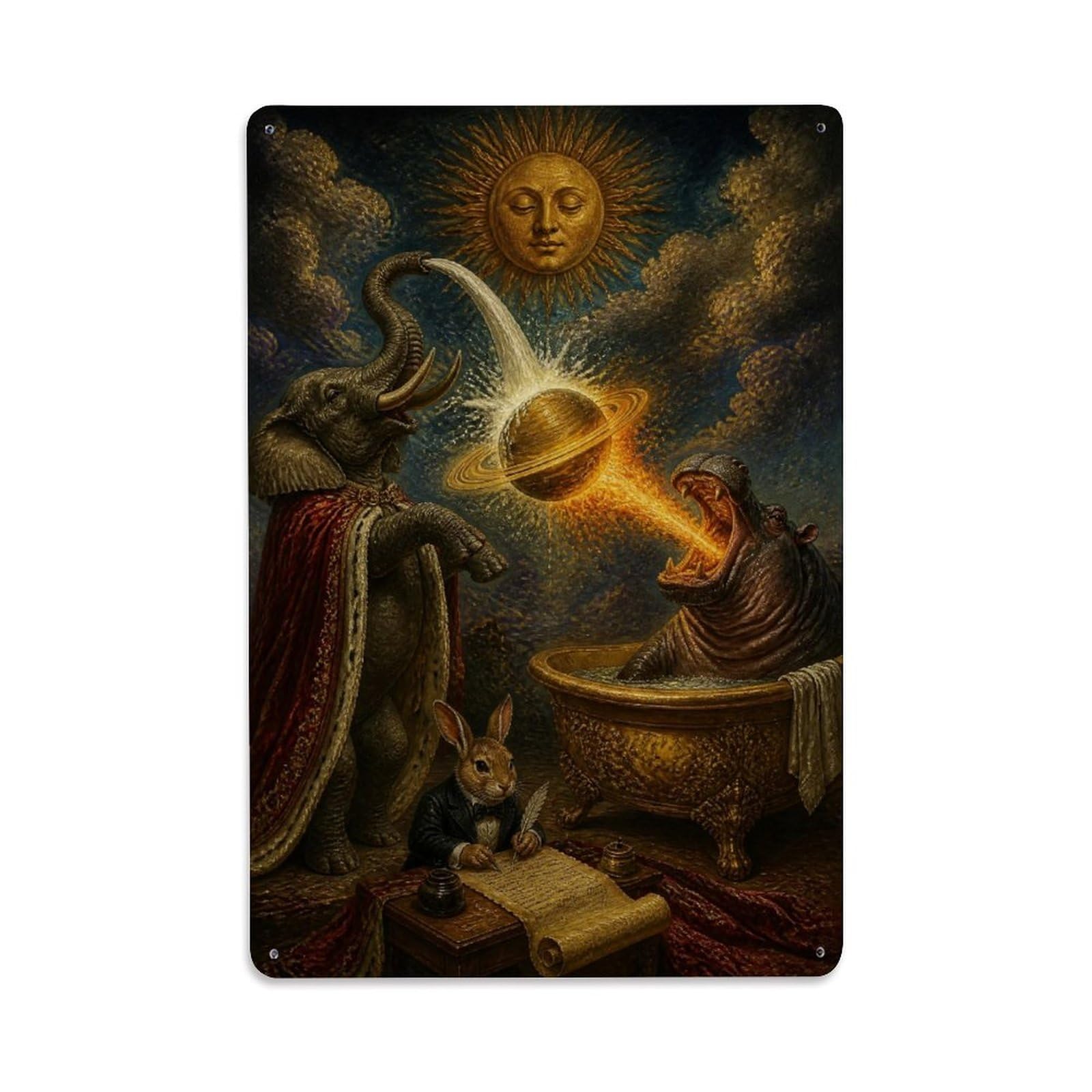 Elephant Hippo Saturn Fable Surreal Renaissance Animal Design Metal Tin Sign Plaque Wall Decor for Cafe, Man Cave, Club Bar, Office, Home Garden Round Metal Poster 8x12Inch