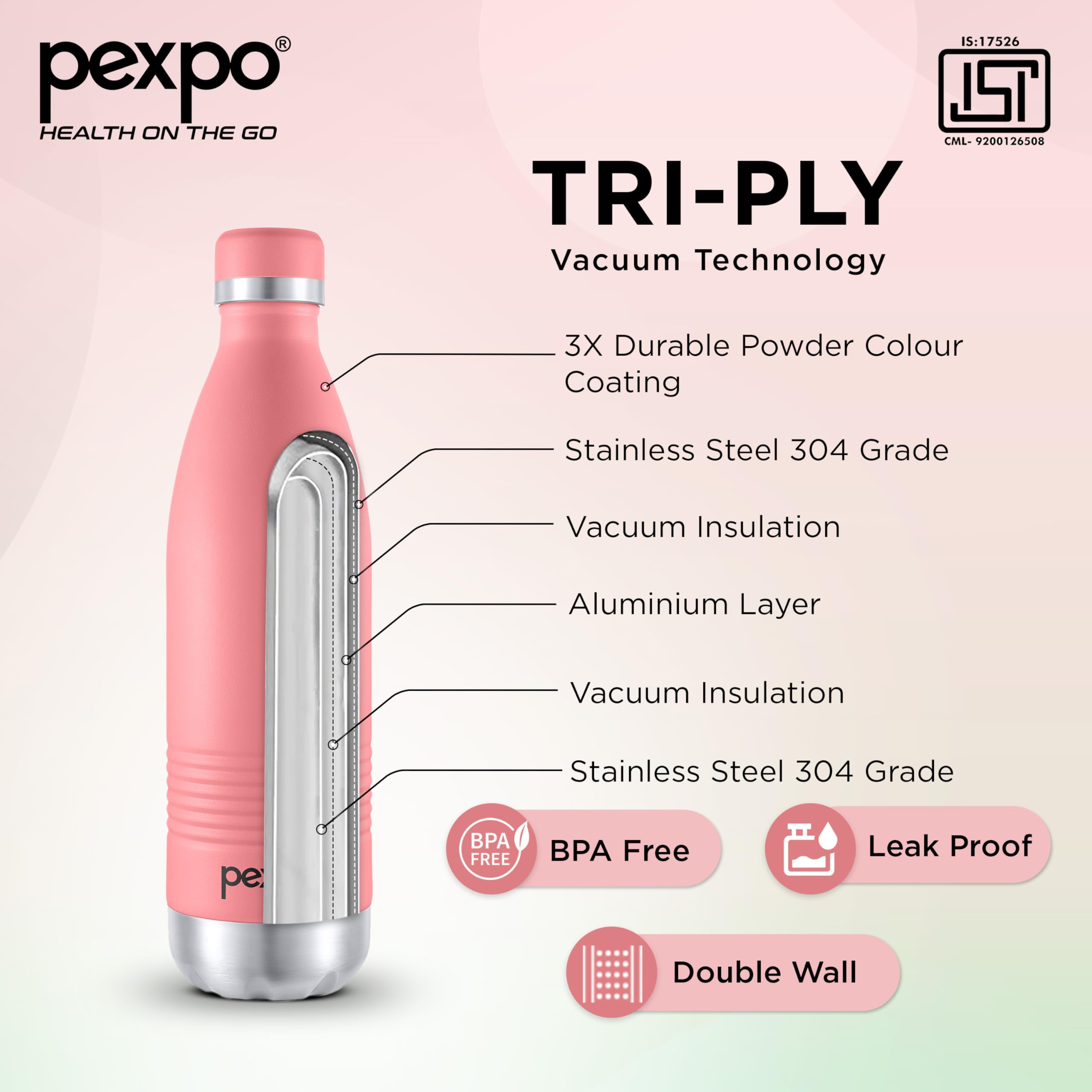 Go24 pexpo Echo Delux Pro 1000 Hot & Cold ISI Certified Flask - 980ml | Stainless Steel Water Bottle - Candy Pink | Office Bottle | Workout | Travelling | Home| 1