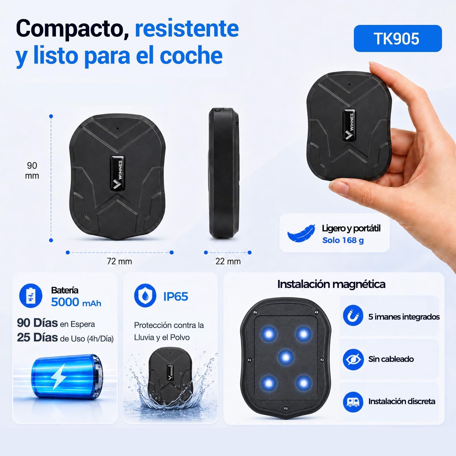 localizador GPS para Coche TK905,rastreador GPS con Potente Dispositivo magnético Aplicación Gratuita para automóvil/Motocicleta/Barco 90 días de Tiempo en Espera
