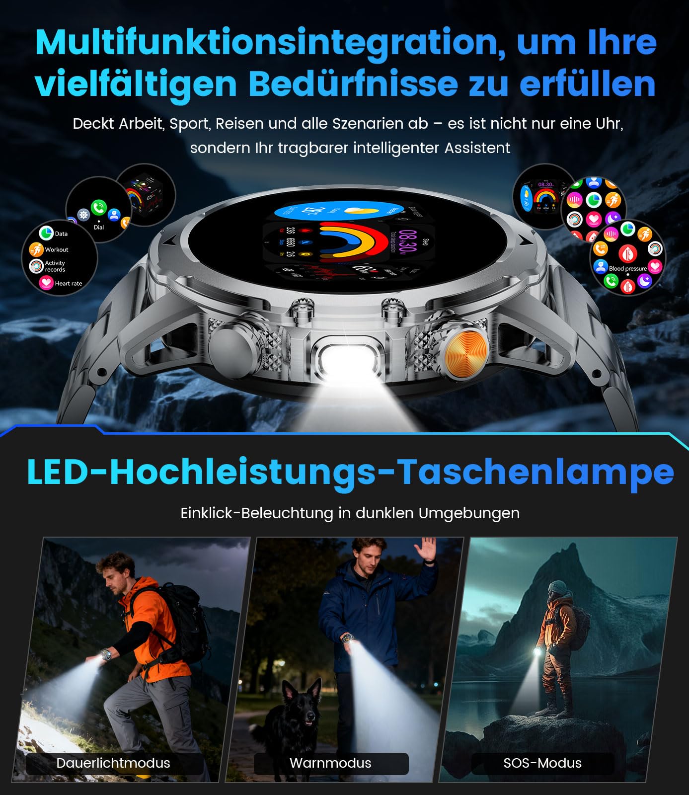 Smartwatch Herren mit 1000mAh Akku für Android iOS, 1,53" HD Großes Touchscreen Militär Smart Watch mit 24H Herzfrequenz/110 Sportmodi, IP68 Wasserdicht Taschenlampe Fitnessuhr, Schwarz-Orange