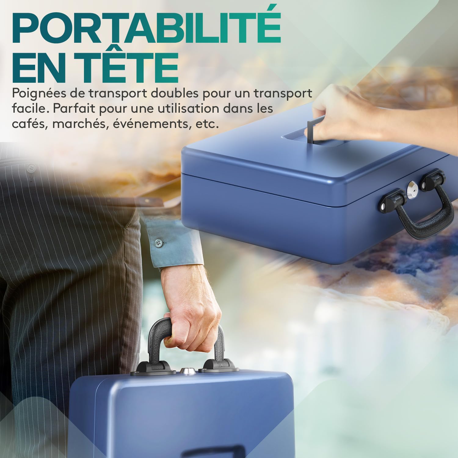 ACROPAQ Caisse monnaie grande professionelle avec monnayeur et 2 clés, Bleu