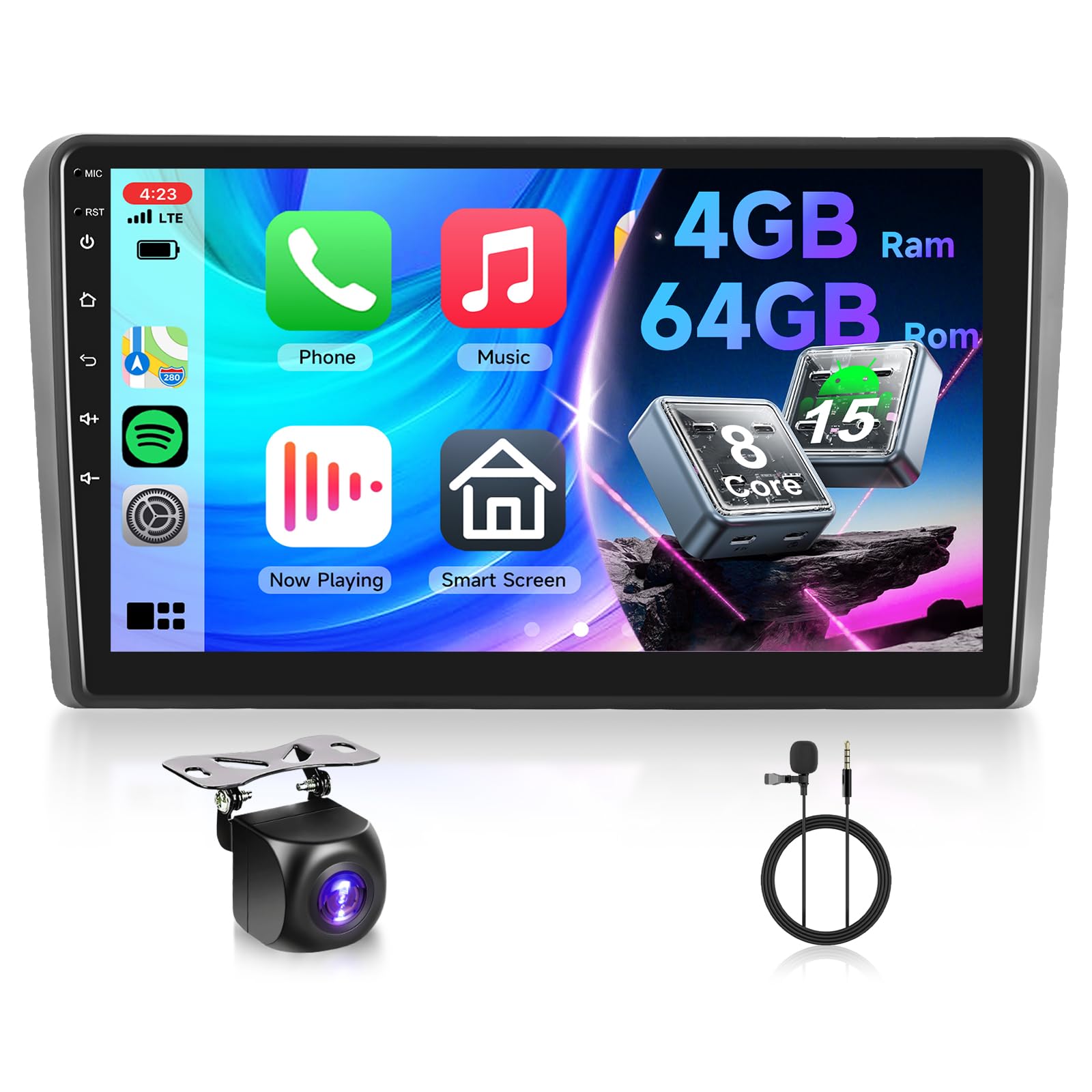 4G 64G VECHTEL Android 15 9" Autoradio pour Audi A3 S4 RS4 8E B6 B7 2008-2012,Q-Snapdragon,8 cœurs,Carplay Android Auto Bluetooth WiFi GPS RDS/FM DSP,1280 * 720,Radio 2 din avec caméra de recul AHD