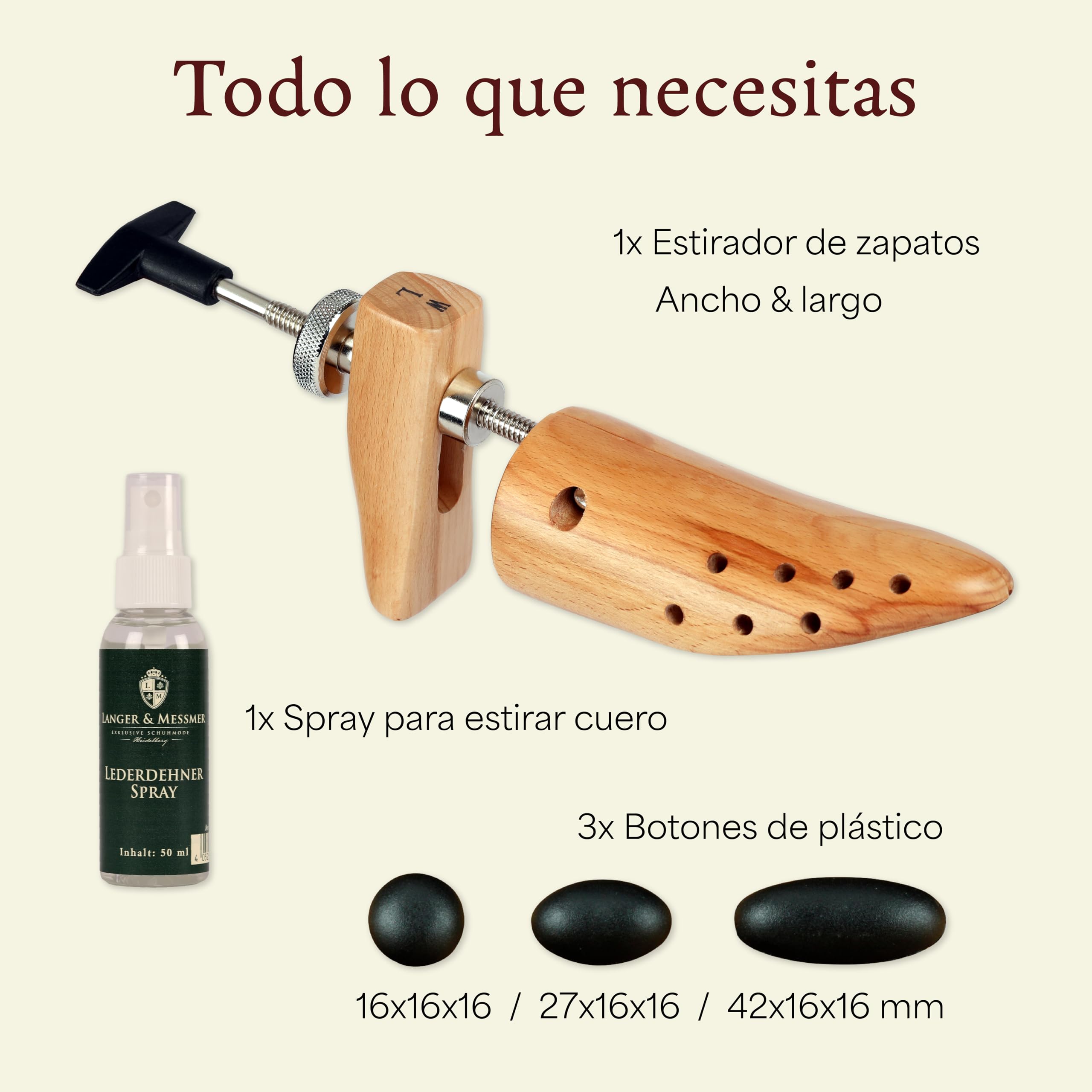 Langer & Messmer alargador de zapatos para hombre contra pellizcos en zapatos o botas - de madera maciza de haya y mecanismo metálico - se estira a lo ancho y a lo largo incl. spray alargador de cuero