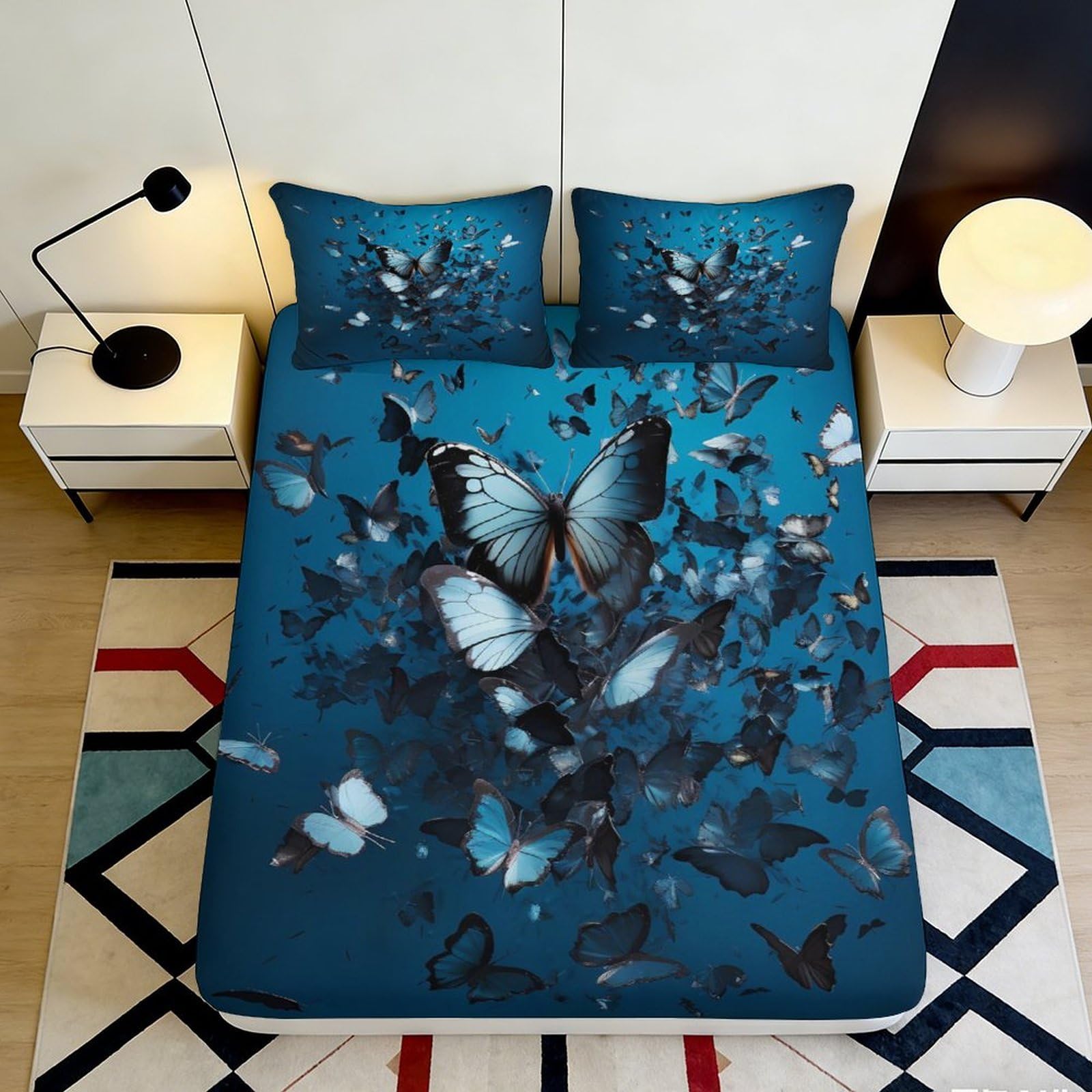 3D Printed Blue Butterfly Fitted Sheet Microfiber Soft Anti-Slip Bed Cover for Bedroom Guestroom Dorm Decor 90x200x25cm