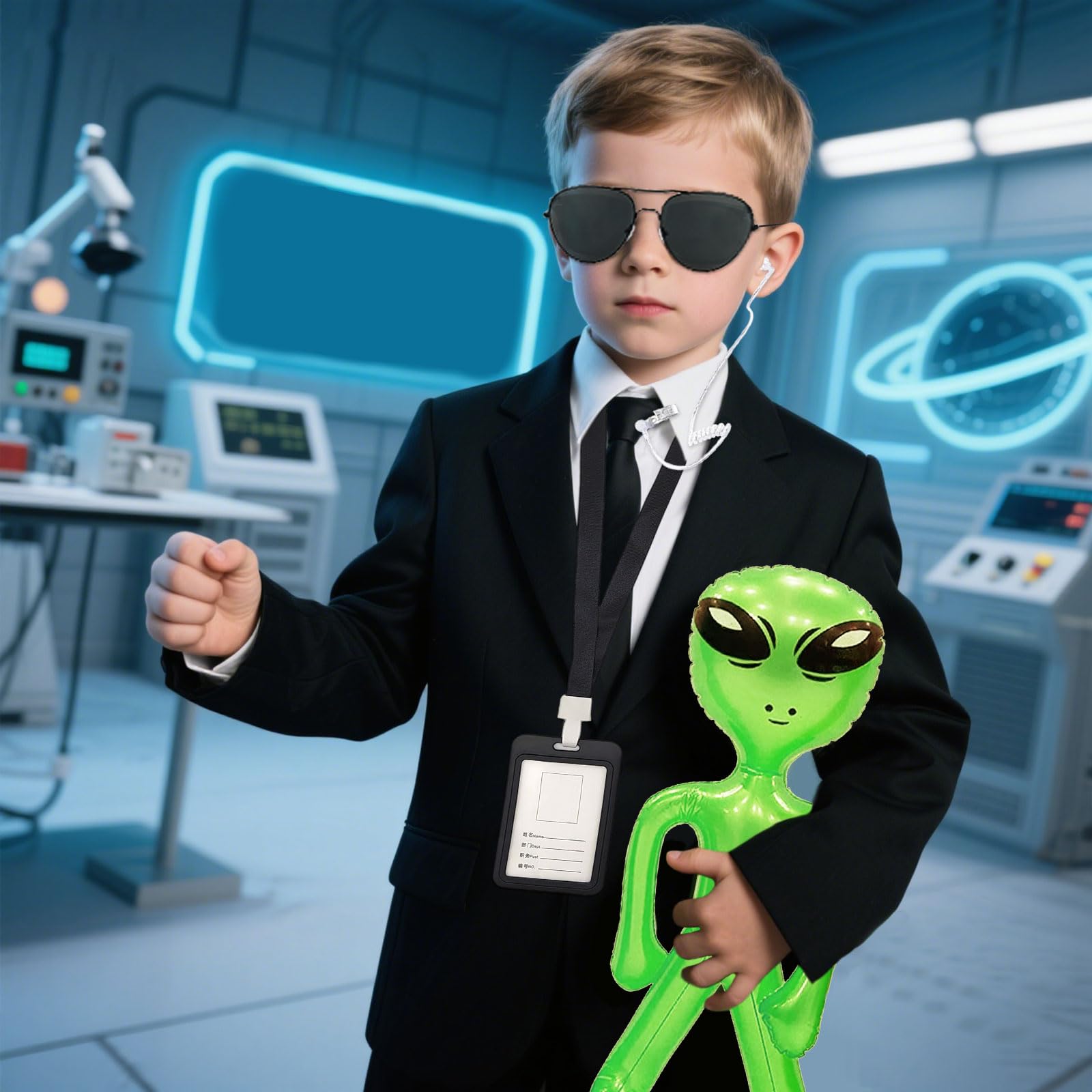 EUPSIIU 12 Pack Secret Agent Costume Accessories Set Spy Costume Accessories with Sunglasses Tie Inflatable Props Green Aliens Card Holder Fake Earpiece ID Card Prop for Halloween Party Props (Black) - Image 4