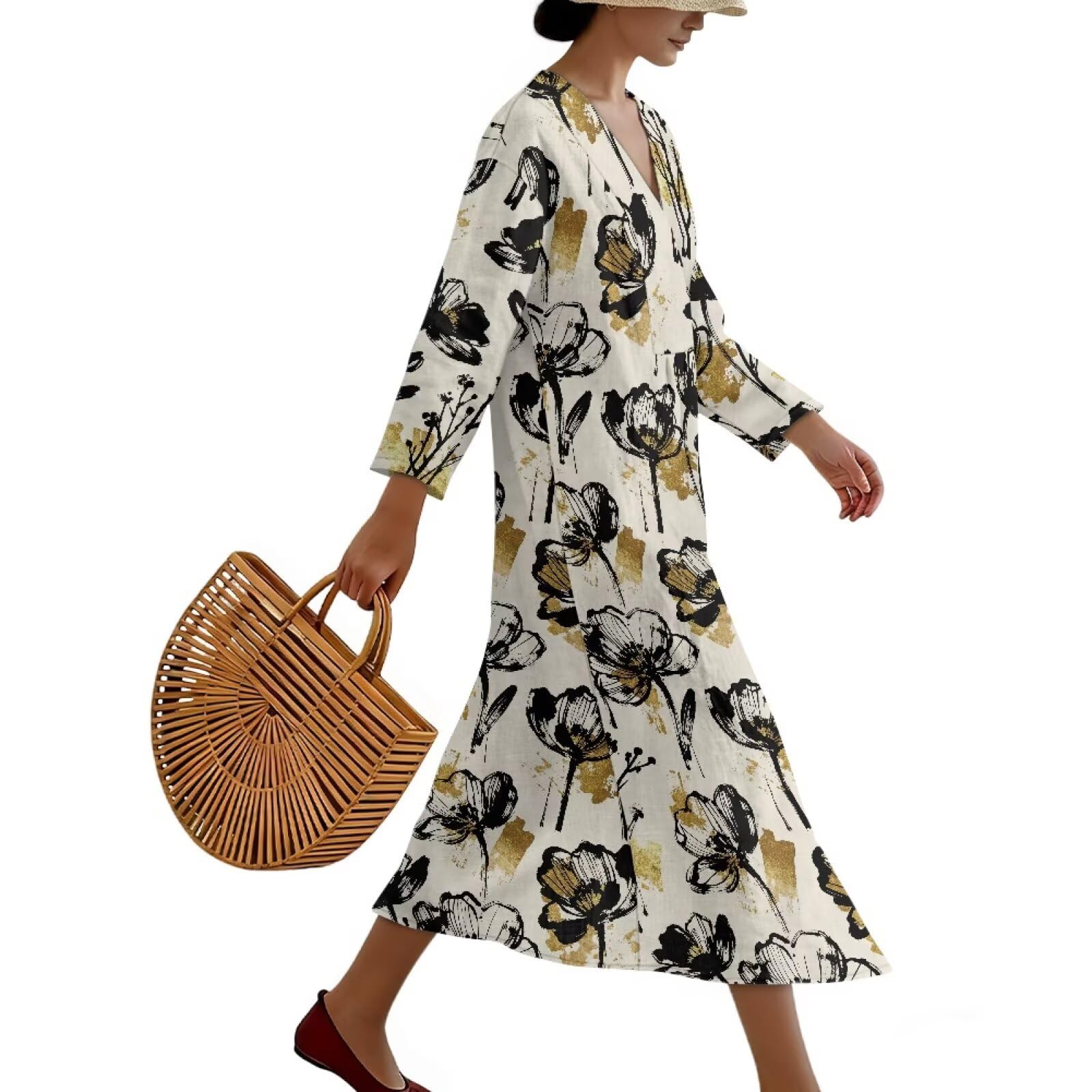 Wanyint Linen-Like - Vestido largo para mujer, manga 3/4, cuello en V, ajuste holgado, casual, para todo el año, tallas S-4XL