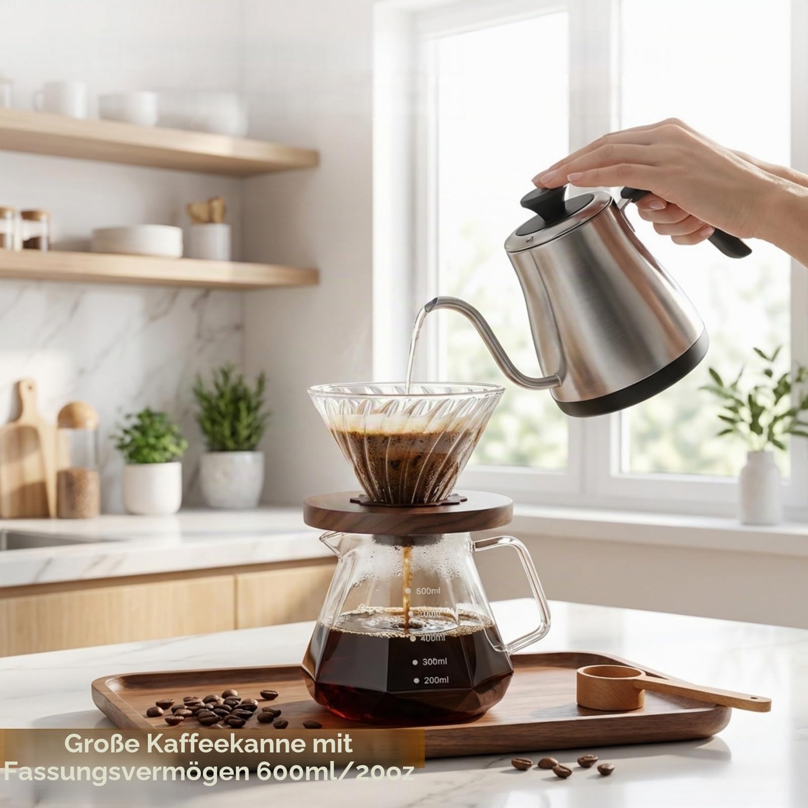 Pour Over Kaffeebereiter-Set 600 ml Borosilikatglas Kaffeeserver mit Glasdeckel 50 Papierfilter Walnuss-Griff