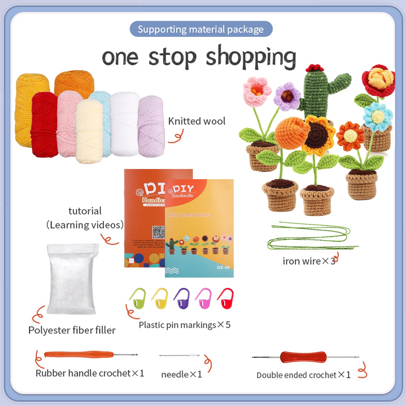 Kit de crochet pour débutants, kits de crochet pour enfants et adultes, kit de crochet 3 pièces pour débutants comprenant des tutoriels vidéo, du fil, des yeux, du rembourrage, du crochet