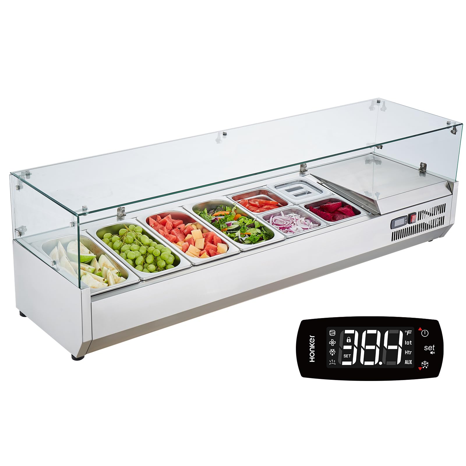 VEVOR Condiment Prep Rail Station, 150 W Countertop Refrigerated Condiment Station, with 4 1/3 4 1/6 Pans, 304 Stainless Body and PC Lid, Sandwich