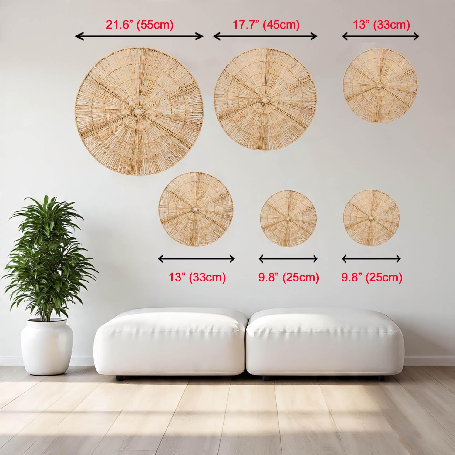 Laquedecraft Juego de cestas de mimbre bohemio para decoración de pared, gran tejido rústico, bohemio, para decoración del hogar, dormitorio, sala de estar, cocina, baño (clásico, natural, juego de 6)