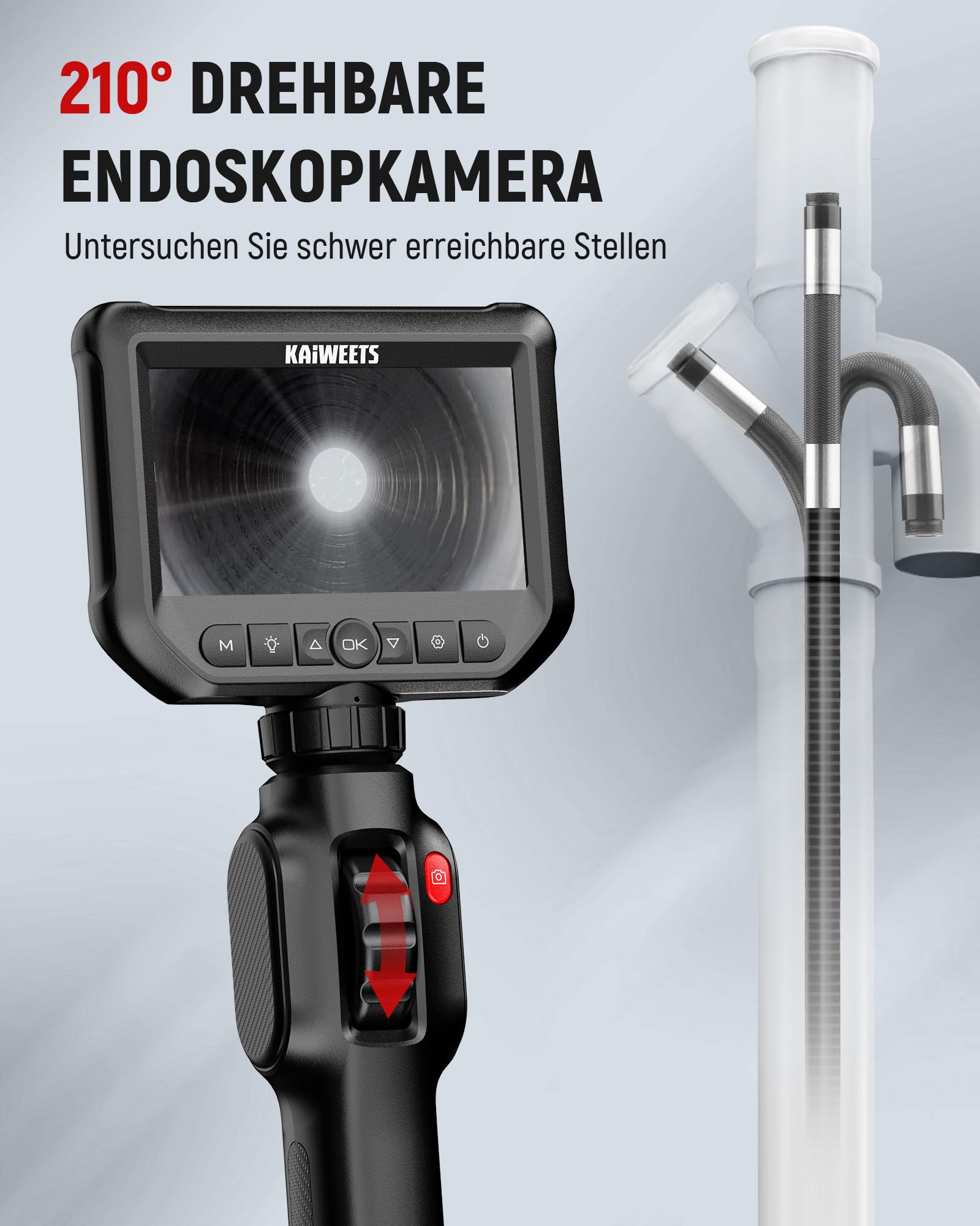KAIWEETS Inspektionskameras Endoskopkamera mit Licht, 4,3''IPS 1080P Inspektionskamera mit Scrollradsteuerung Zwei-Wege 210° Drehung, Flexible Rohrkamera IP67 wasserdichte für Kfz und Rohrinspektion